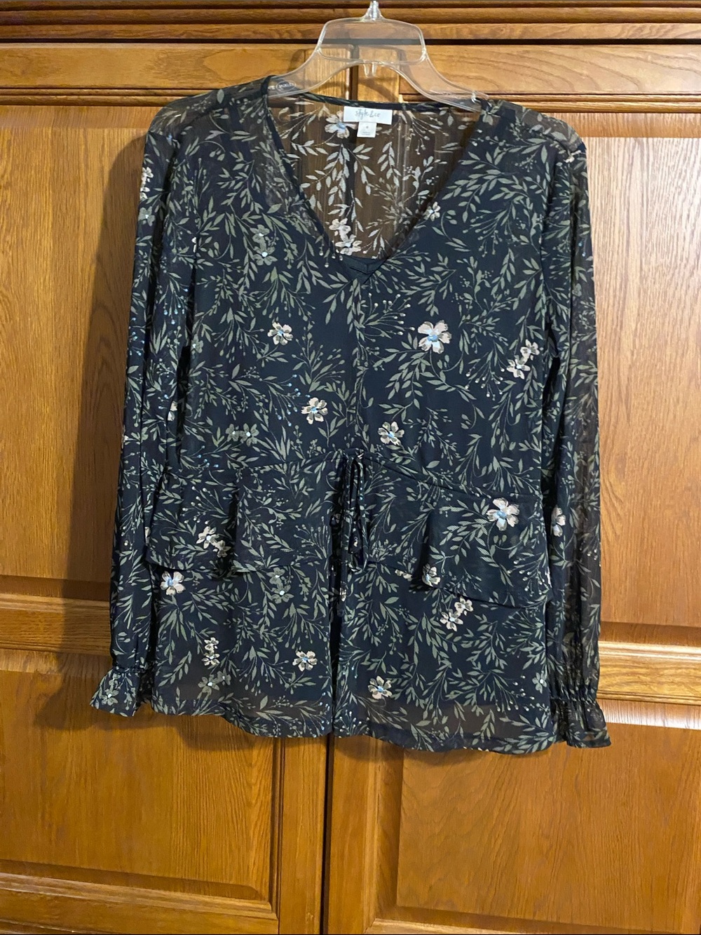 Style & Co. Dark Green Floral V-Neck Drawstring Peplum Blouse with camisole